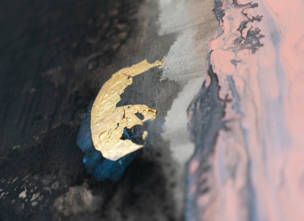 Abstract painting with gold, dusty rose and blue details on dark background - details